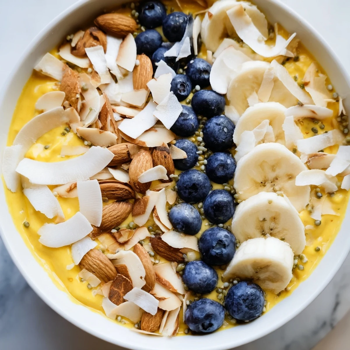 Golden banana coconut turmeric chia breakfast bowl topped with fresh berries and sliced almonds