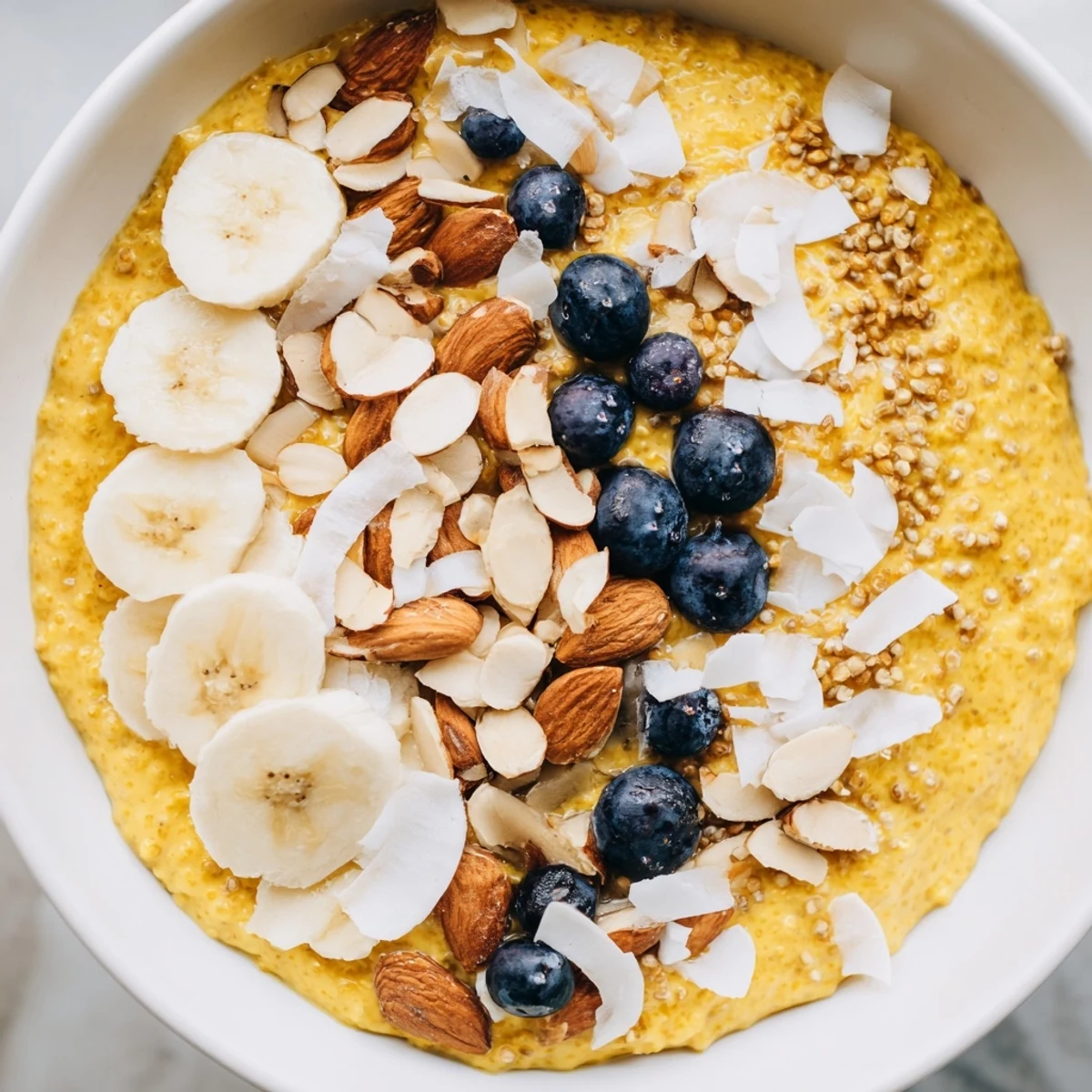 Vibrant yellow banana coconut turmeric chia breakfast bowl drizzled with maple syrup and toasted coconut