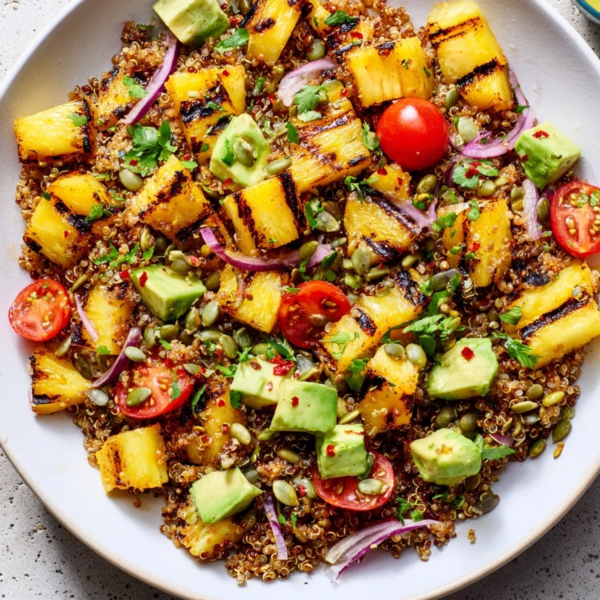 Colorful grilled pineapple avocado quinoa grain salad topped with toasted pumpkin seeds