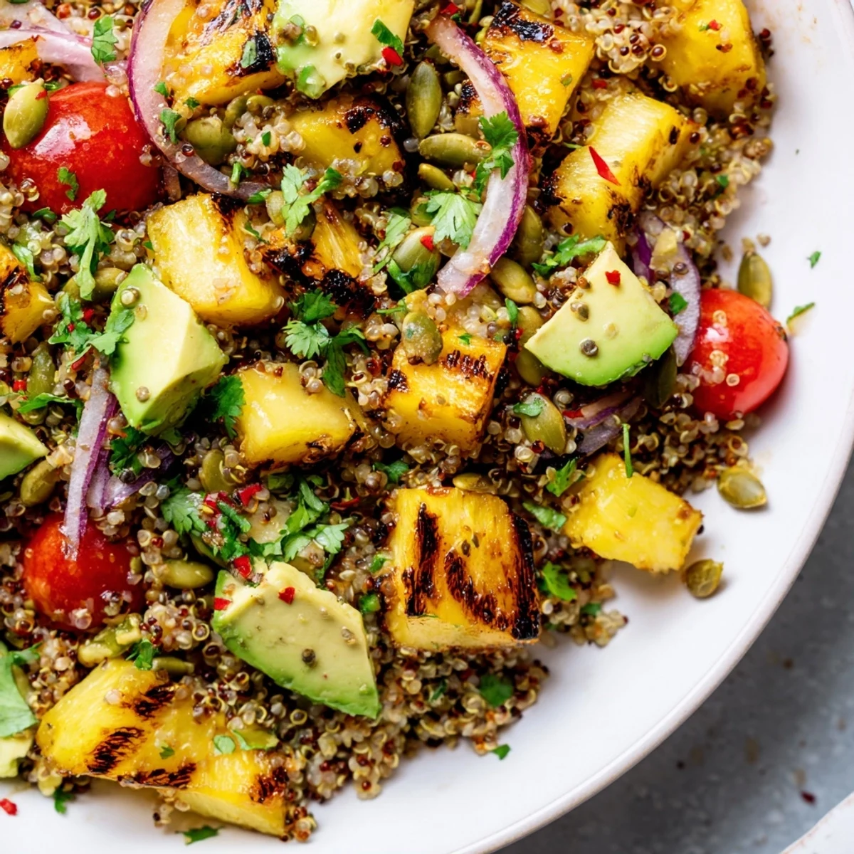 Close-up of grilled pineapple avocado quinoa grain salad drizzled with zesty lime dressing
