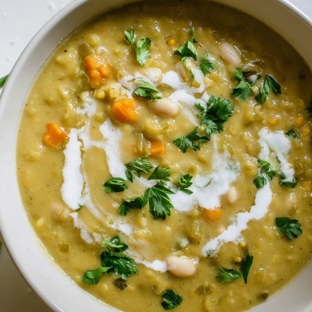 Creamy roasted leek and white bean hearty soup topped with fresh parsley in a rustic bowl