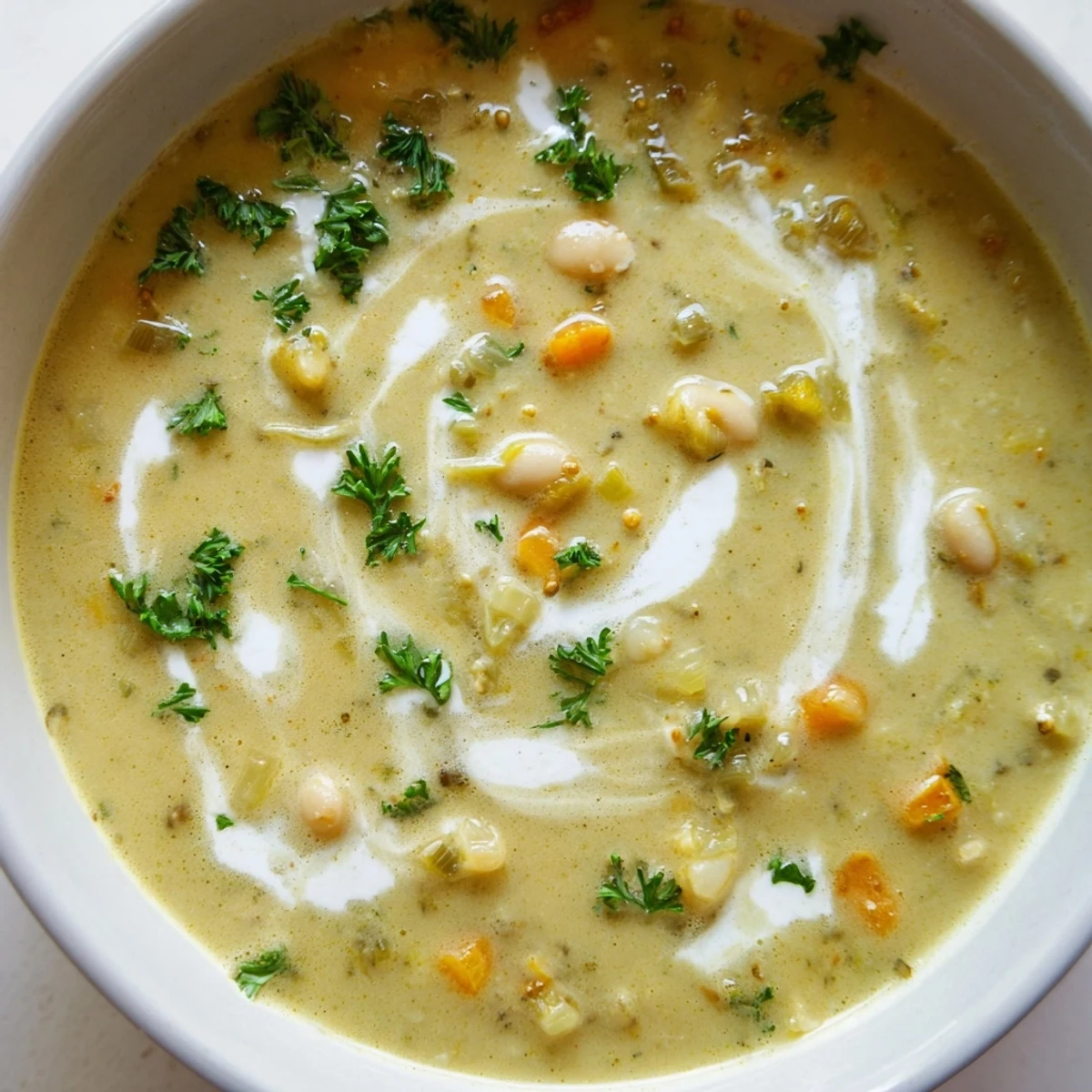 Steaming bowl of creamy roasted leek and white bean hearty soup served with crusty bread