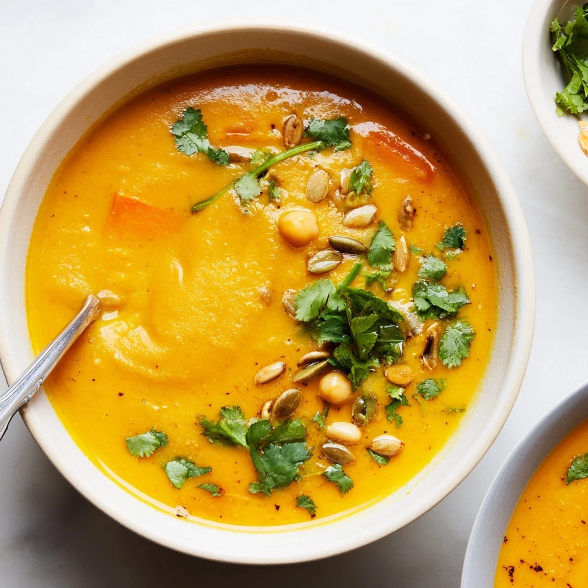 Creamy spiced coconut carrot chickpea hearty soup topped with toasted pumpkin seeds and cilantro
