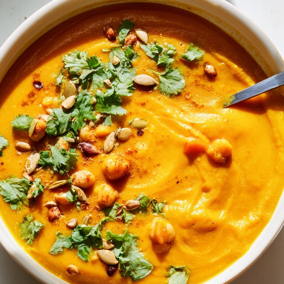 Golden spiced coconut carrot chickpea hearty soup served steaming in a rustic bowl
