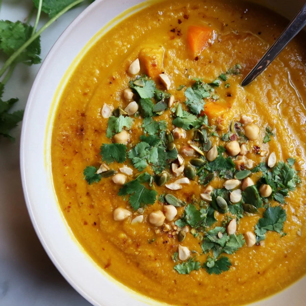 Thick vibrant spiced coconut carrot chickpea hearty soup ladled into a white ceramic bowl