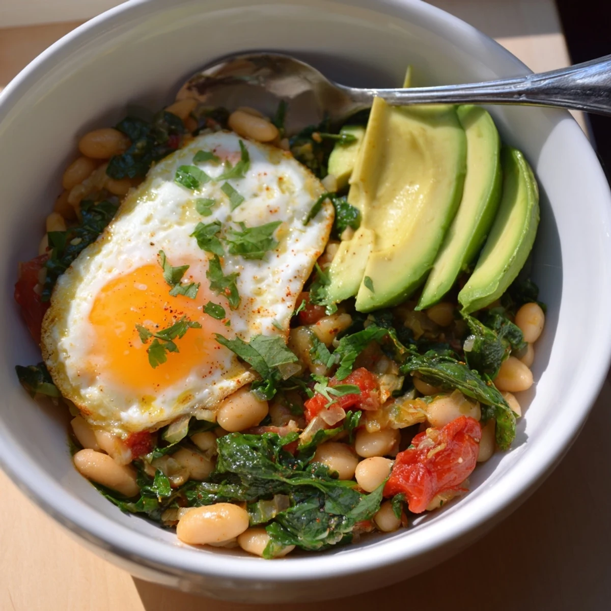 Creamy white bean and spinach breakfast bowl topped with a golden fried egg and fresh herbs