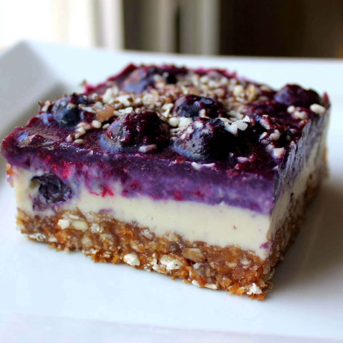 Creamy blueberry vanilla cashew cream bars with a vibrant purple berry topping sliced into neat squares