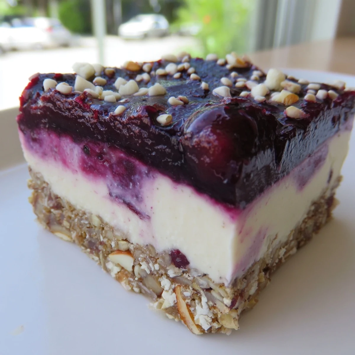 No-bake blueberry vanilla cashew cream bars featuring a thick white filling and jewel-toned blueberry chia topping