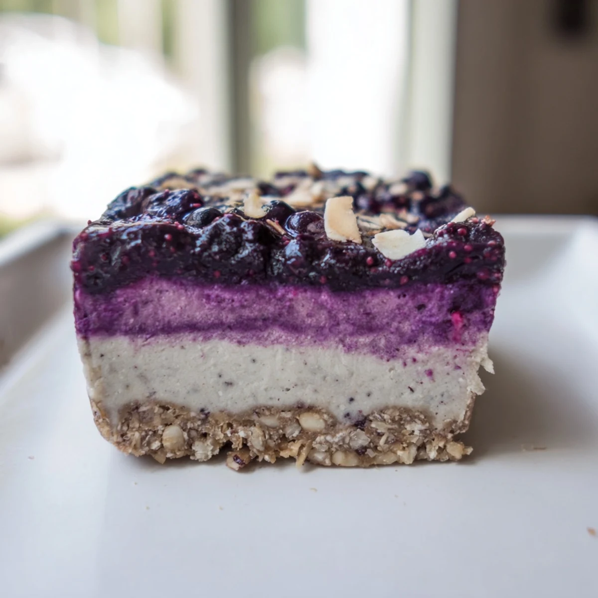 Vegan blueberry vanilla cashew cream bars layered on a chewy almond crust topped with glossy compote