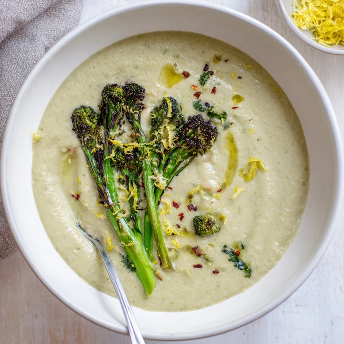 A steaming bowl of creamy roasted broccolini and white bean hearty soup topped with charred florets and a drizzle of olive oil