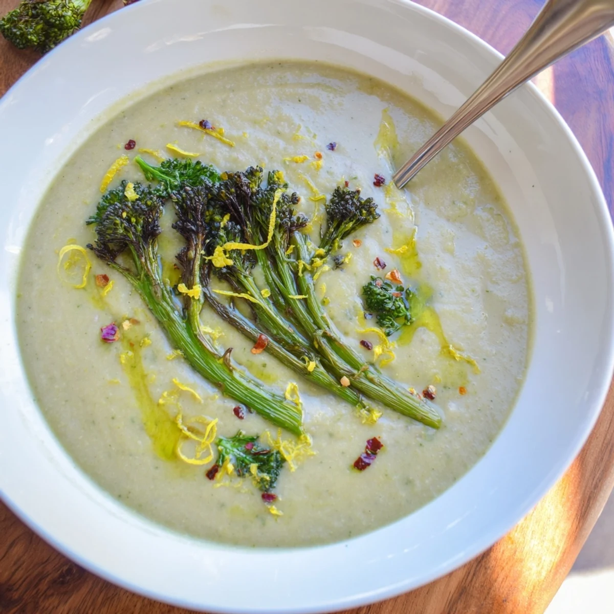 Velvety green blended soup with white beans and broccolini served in a rustic bowl with lemon zest garnish