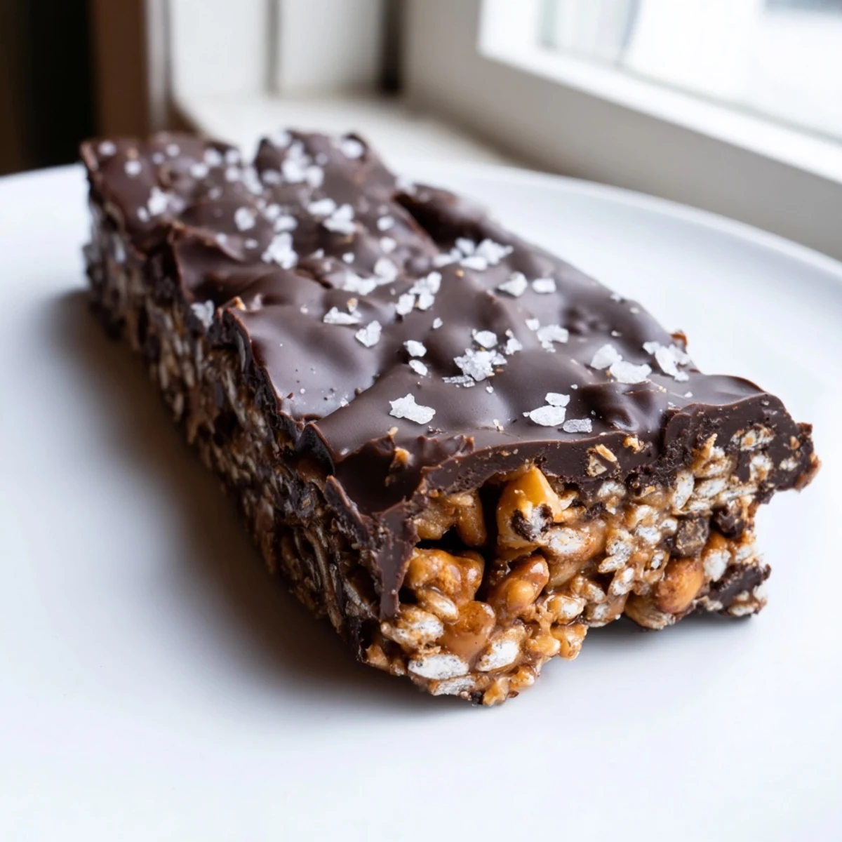 Dark Chocolate Peanut Butter Date Crunch Bars topped with chopped peanuts and flaky sea salt