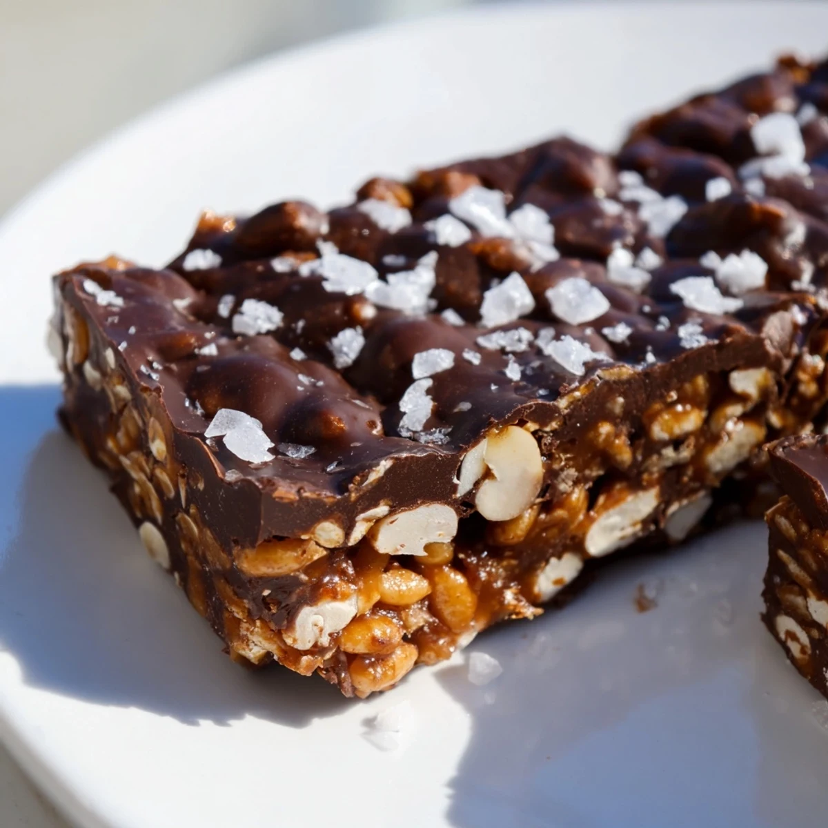 Dark Chocolate Peanut Butter Date Crunch Bars sliced into squares on a parchment-lined cutting board