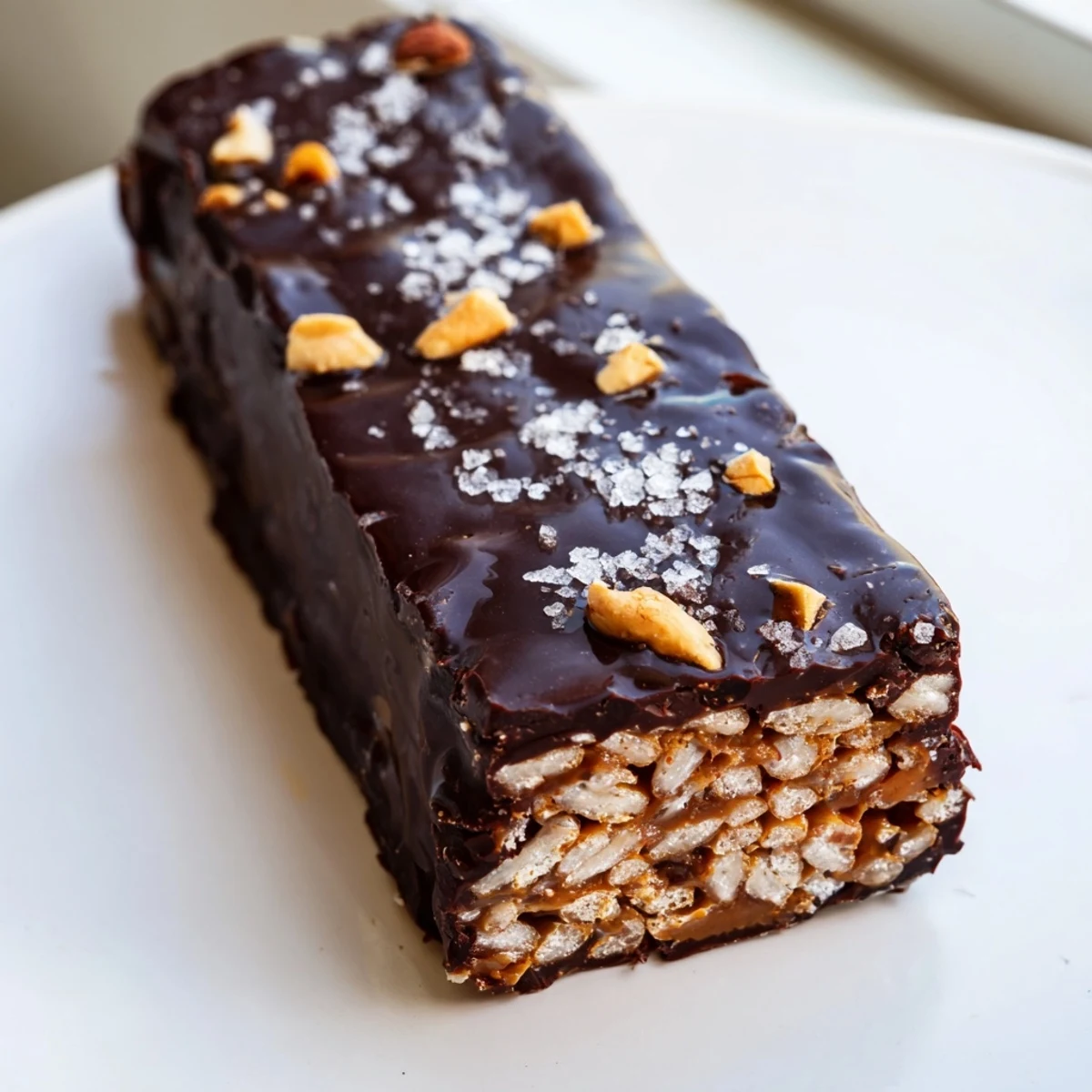 A pan of Dark Chocolate Peanut Butter Date Crunch Bars with a glossy chocolate topping