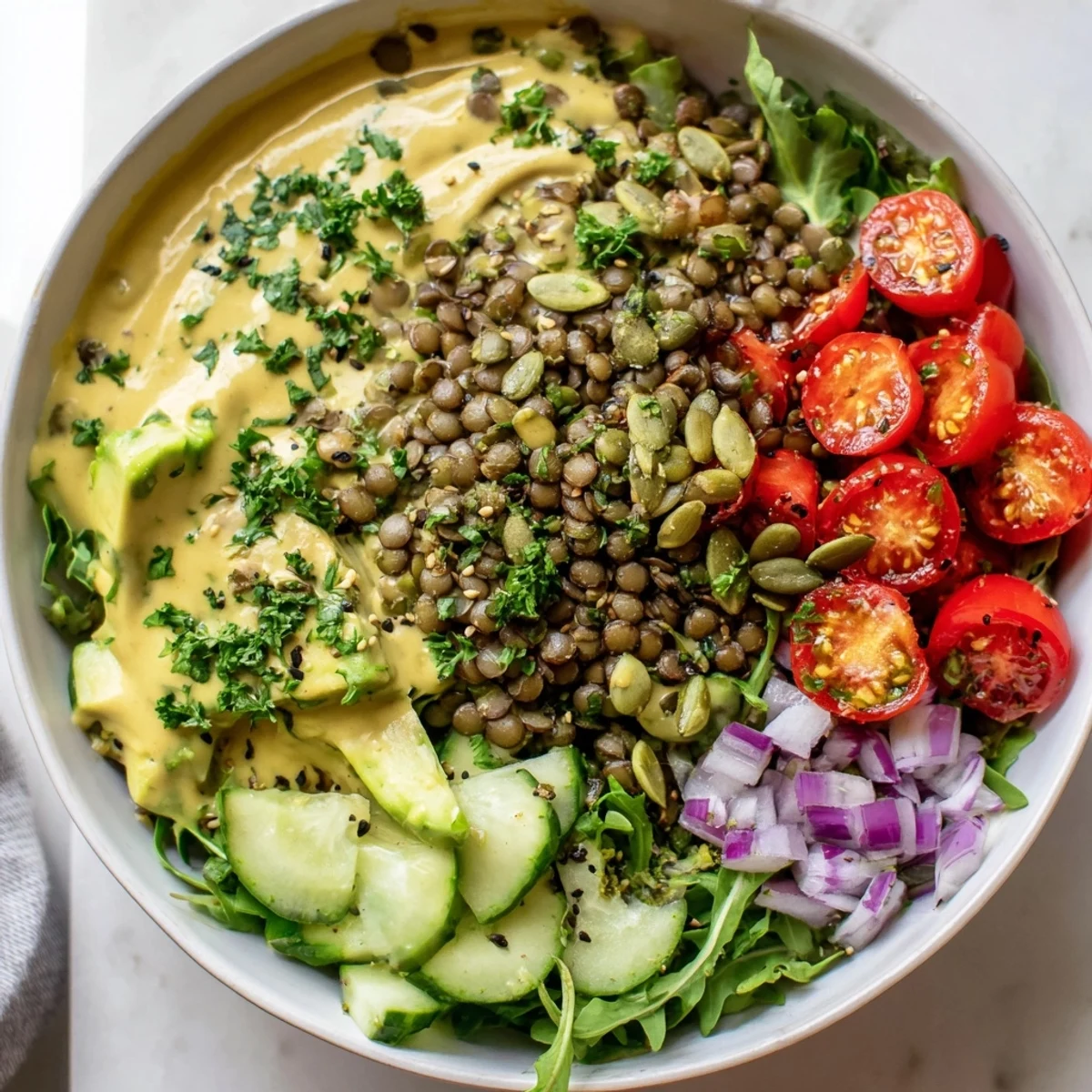 Warm lentils topped with fresh vegetables and drizzled with creamy lemon tahini dressing in a breakfast bowl