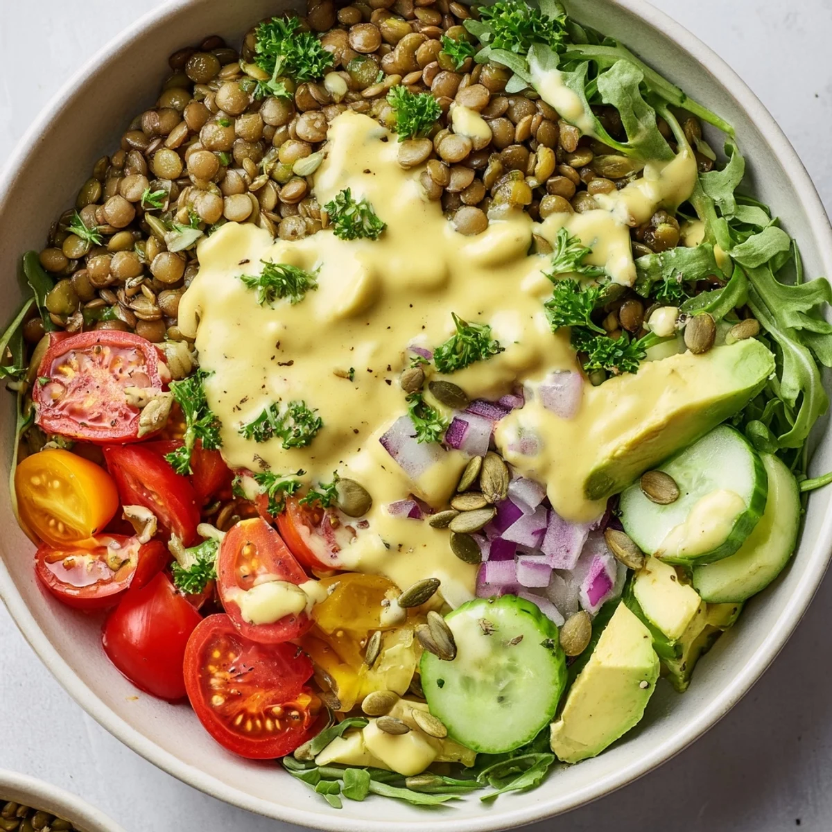 A savory lemon tahini lentil breakfast bowl garnished with avocado, cherry tomatoes, and toasted sesame seeds