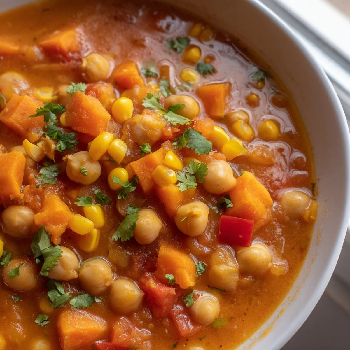 Smoky Chickpea & Sweet Corn Hearty Soup simmering in a rustic pot with fresh cilantro garnish