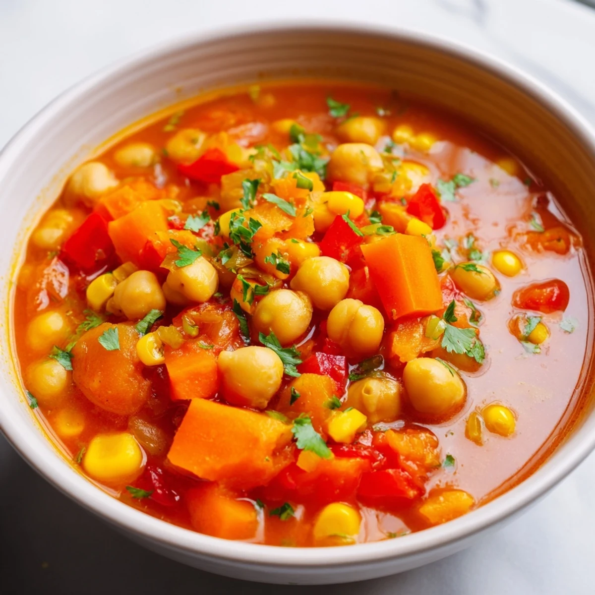 Golden bowl of Smoky Chickpea & Sweet Corn Hearty Soup topped with crusty bread slices