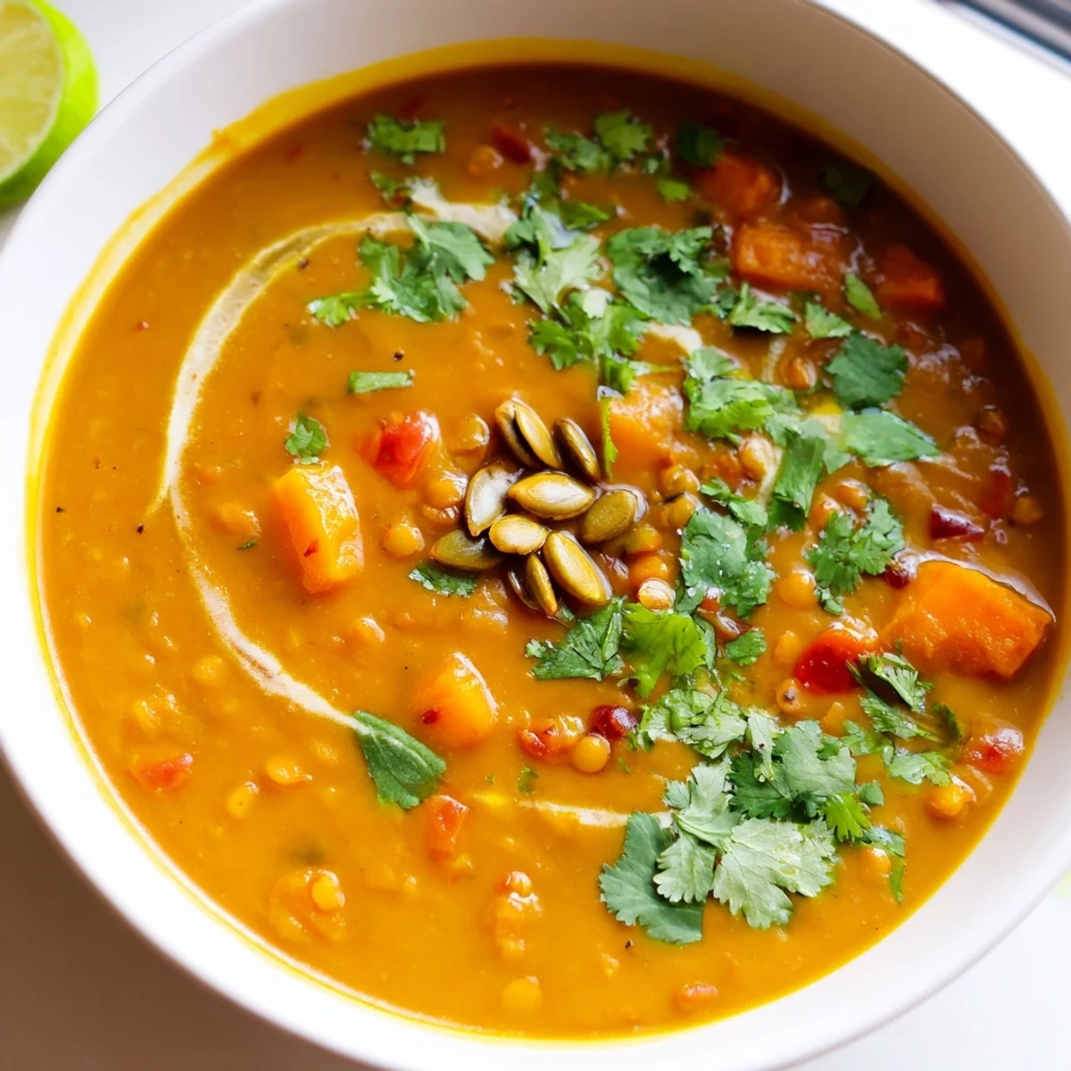 Creamy spiced coconut pumpkin lentil soup topped with fresh cilantro and lime wedges