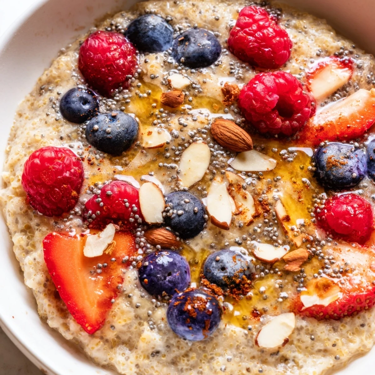 Creamy vanilla maple quinoa flake breakfast bowl topped with fresh berries and toasted nuts