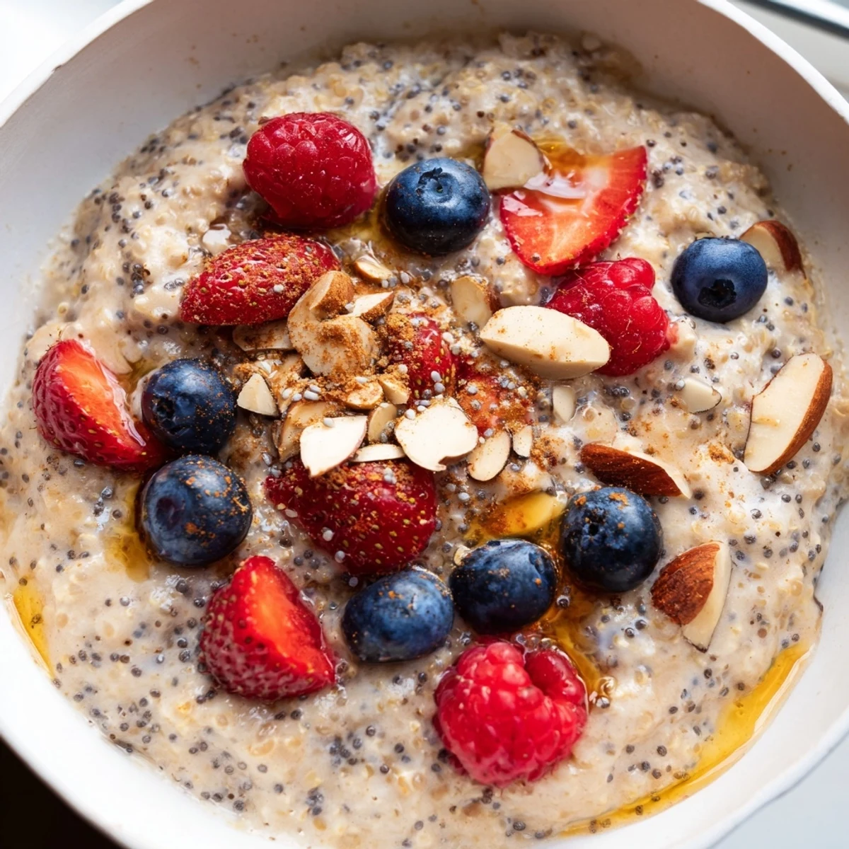 Golden steaming vanilla maple quinoa flake breakfast bowl garnished with juicy berries and chia seeds
