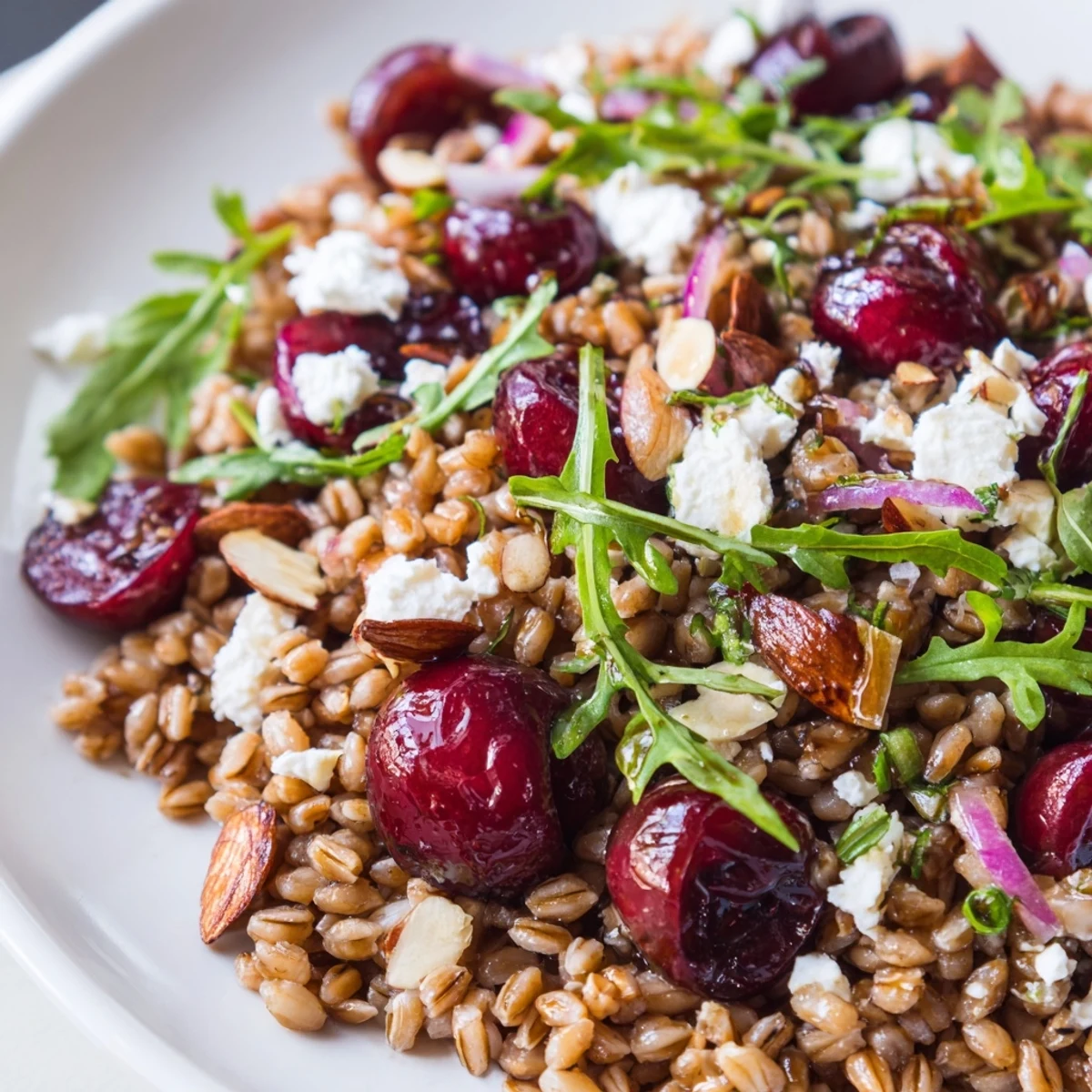 Roasted cherry thyme farro grain salad topped with crumbled goat cheese and toasted almonds on a rustic wooden board