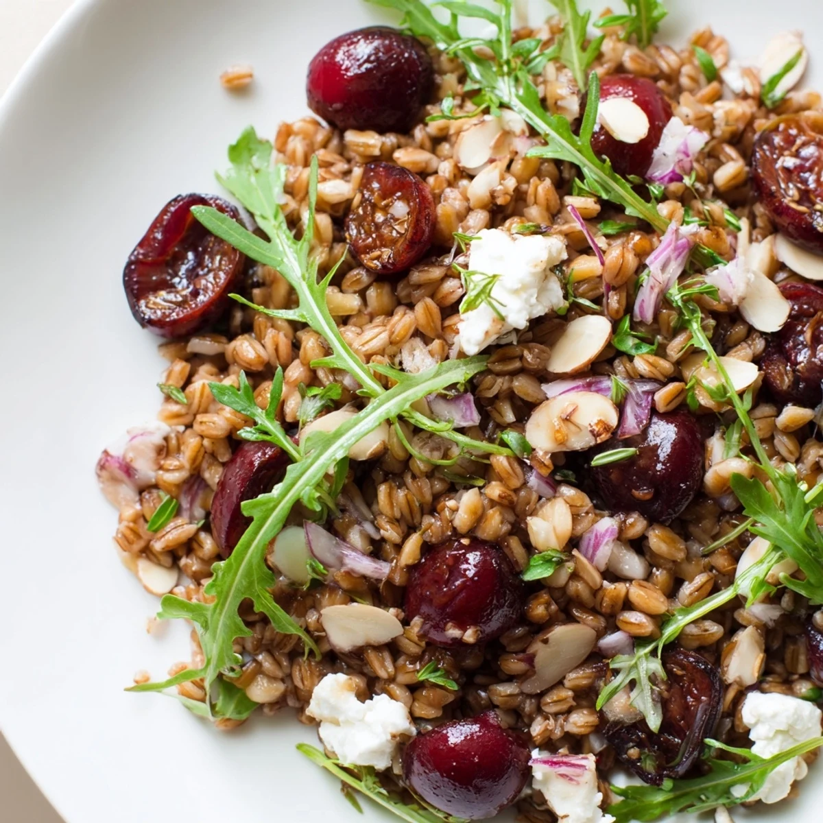A vibrant bowl of roasted cherry thyme farro grain salad nestled over fresh arugula with caramelized fruit and balsamic drizzle