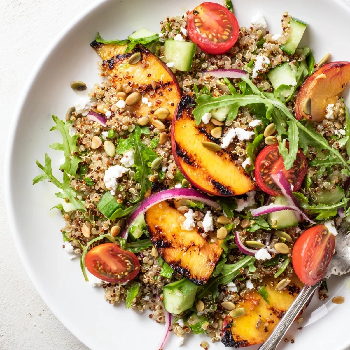 Charred grilled peach jalapeño quinoa grain salad tossed with fresh arugula and tomatoes