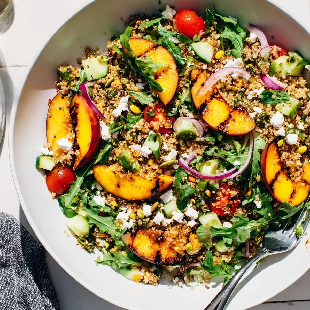 Vibrant grilled peach jalapeño quinoa grain salad topped with crumbled feta and pumpkin seeds