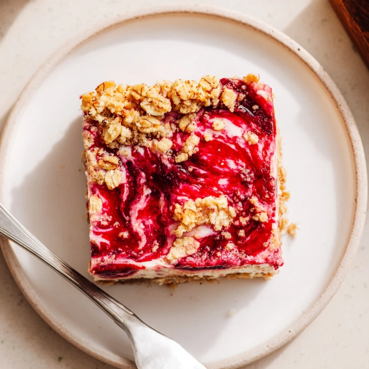 Creamy vanilla cashew cream and ruby raspberry compote layered between golden oat crumble squares