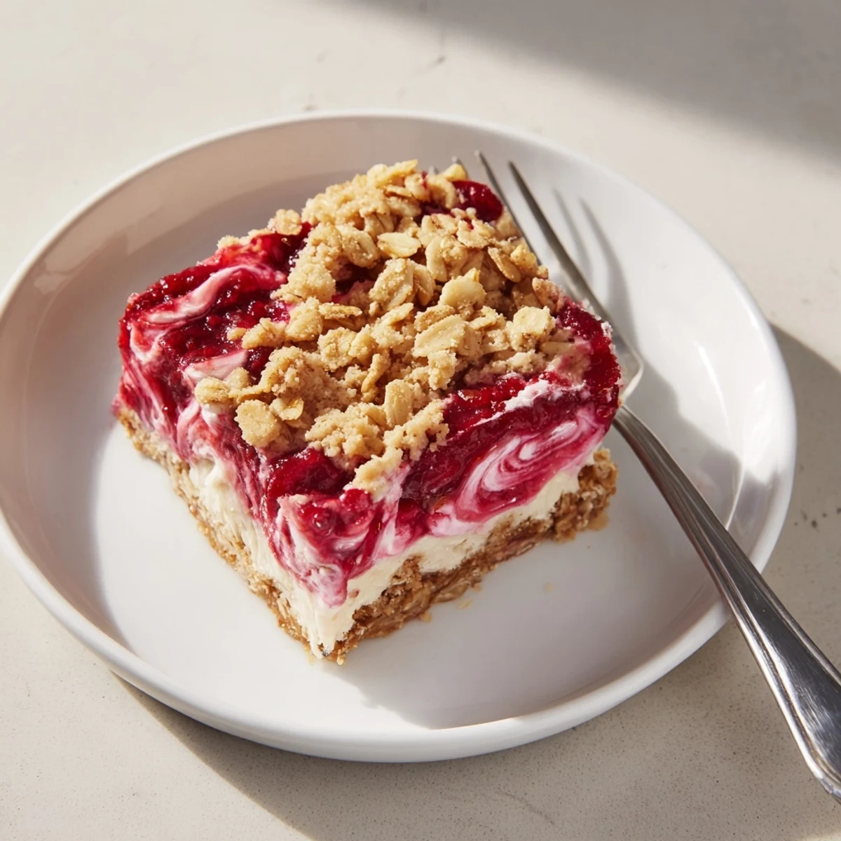 Raspberry vanilla cashew cream crumble squares with a swirl of tangy berry topping