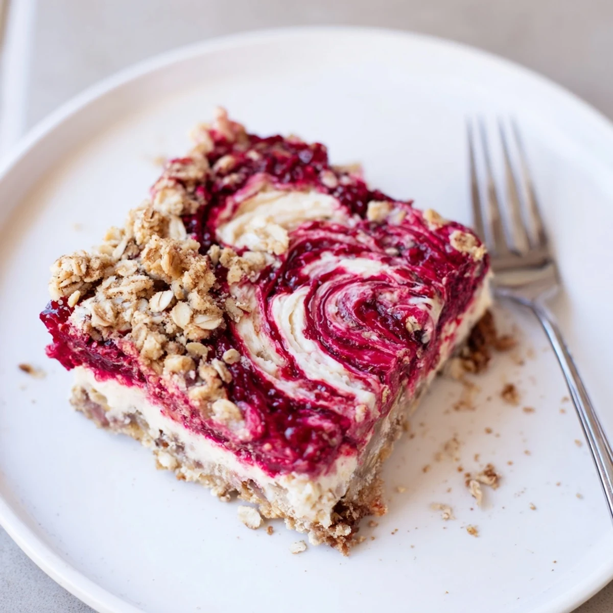 Golden-baked oat crumble squares filled with smooth vanilla cashew cream and glossy raspberry filling