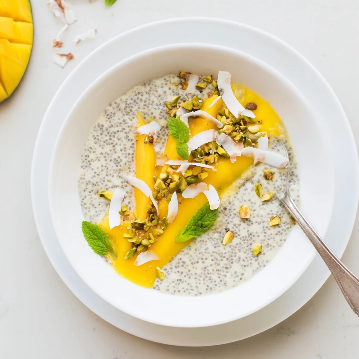 Creamy coconut mango cardamom chia breakfast bowl topped with toasted coconut flakes and pistachios