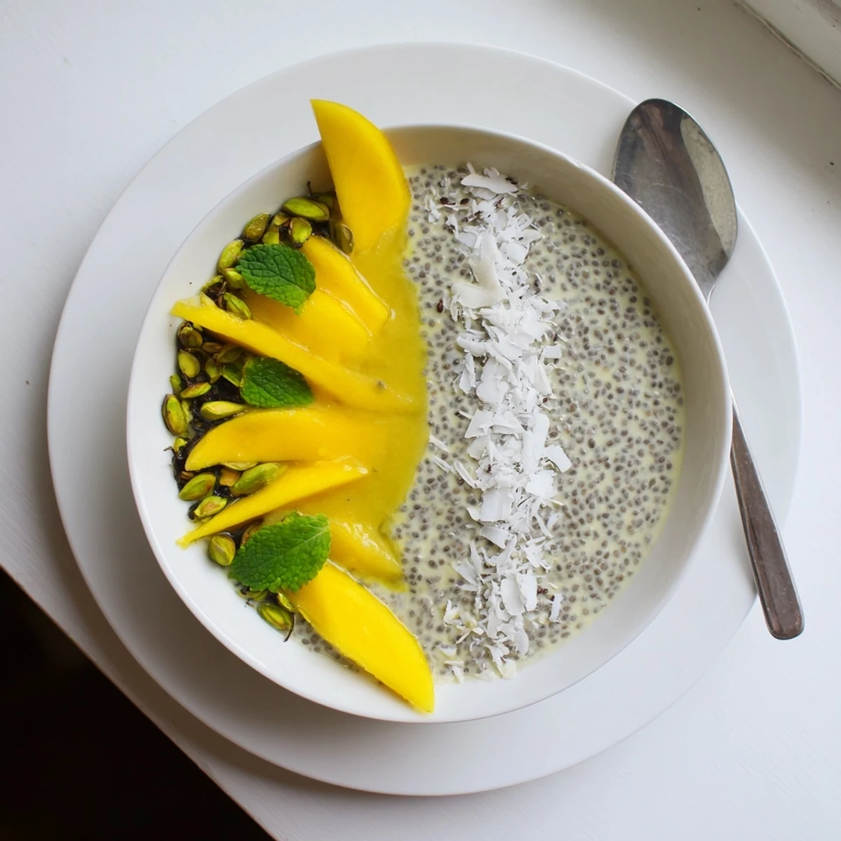 Golden mango puree drizzled over a thick coconut mango cardamom chia breakfast bowl in a glass jar