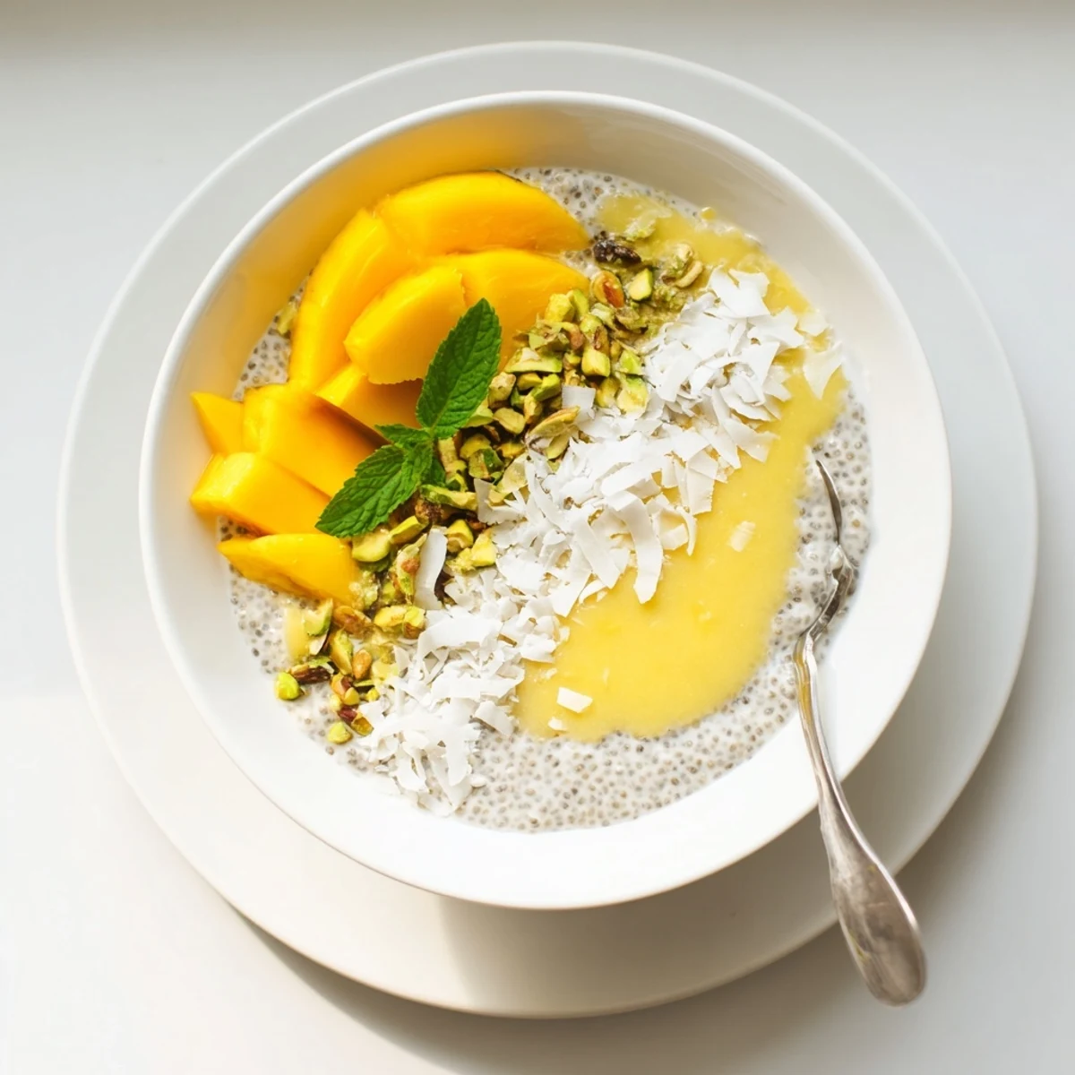 Vibrant coconut mango cardamom chia breakfast bowl served fresh with chopped nuts and bright mint leaves