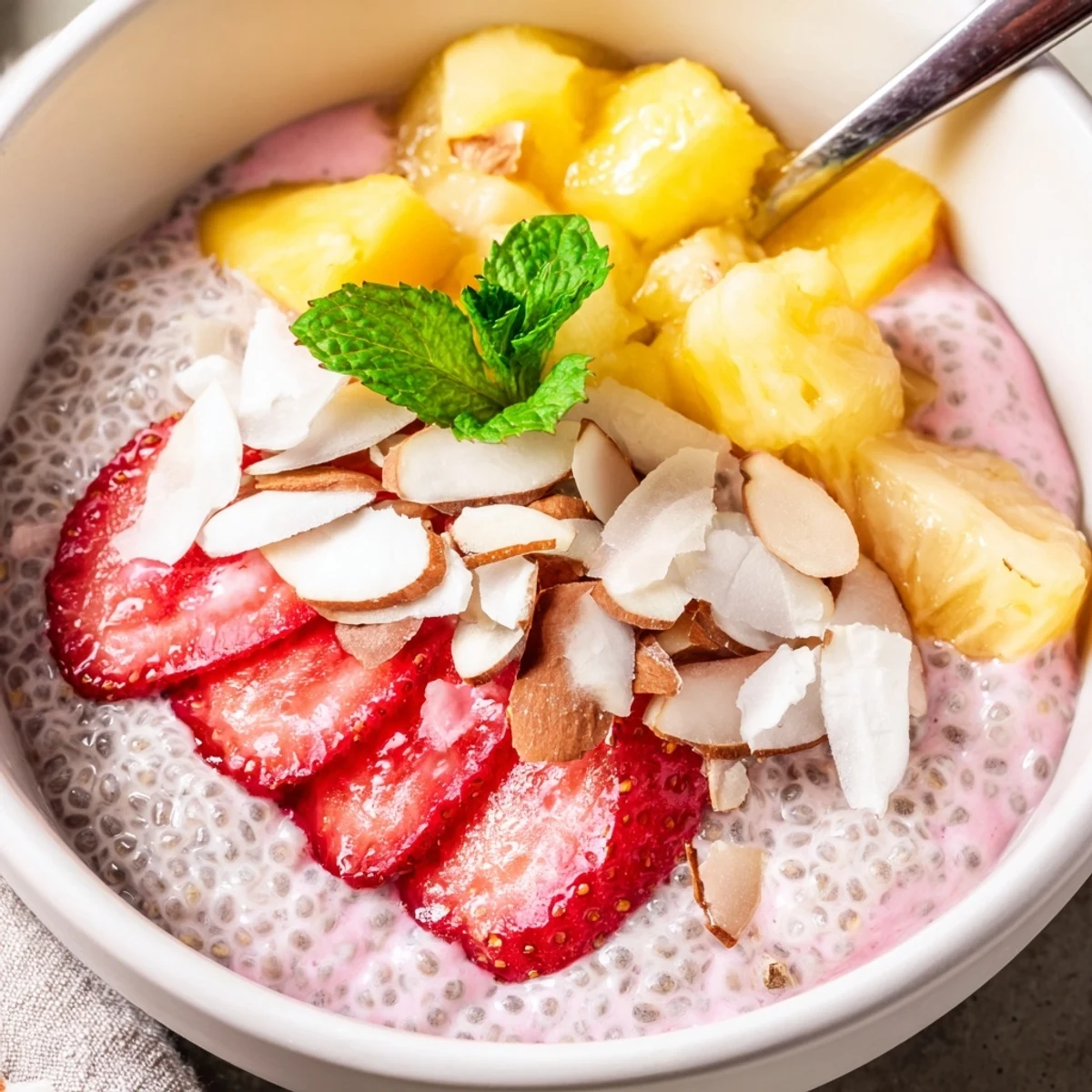 Chilled Lychee Coconut Vanilla Chia Breakfast Bowl layered with tangy lime puree