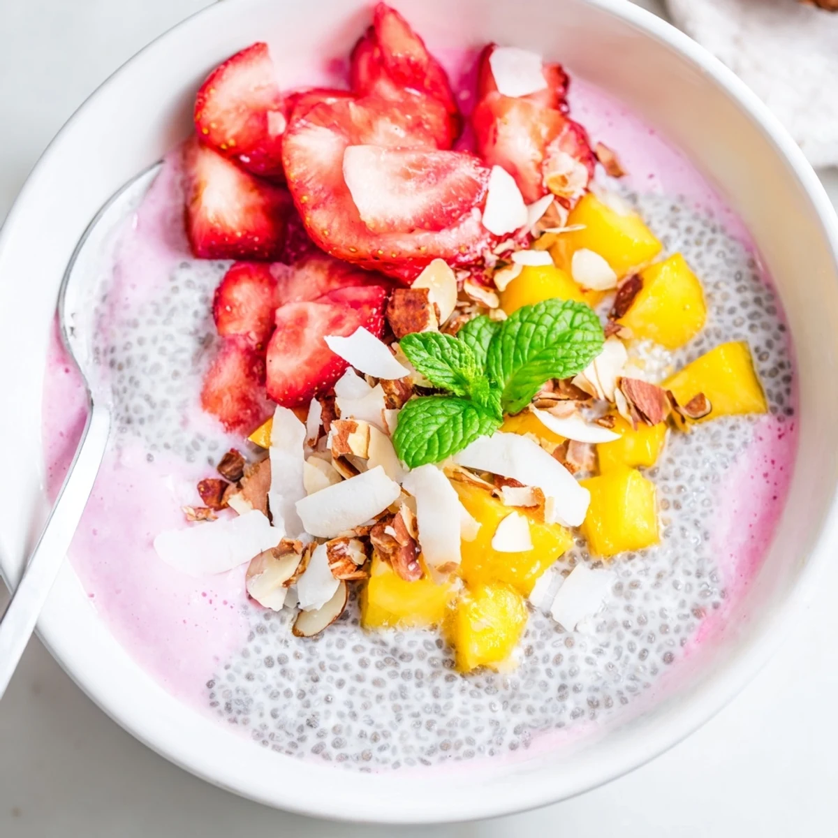 Vegan Lychee Coconut Vanilla Chia Breakfast Bowl garnished with toasted almonds and mint