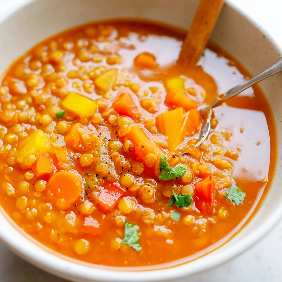 Spiced Tomato Coconut Lentil Hearty Soup steaming in bowl, creamy, aromatic cilantro garnish
