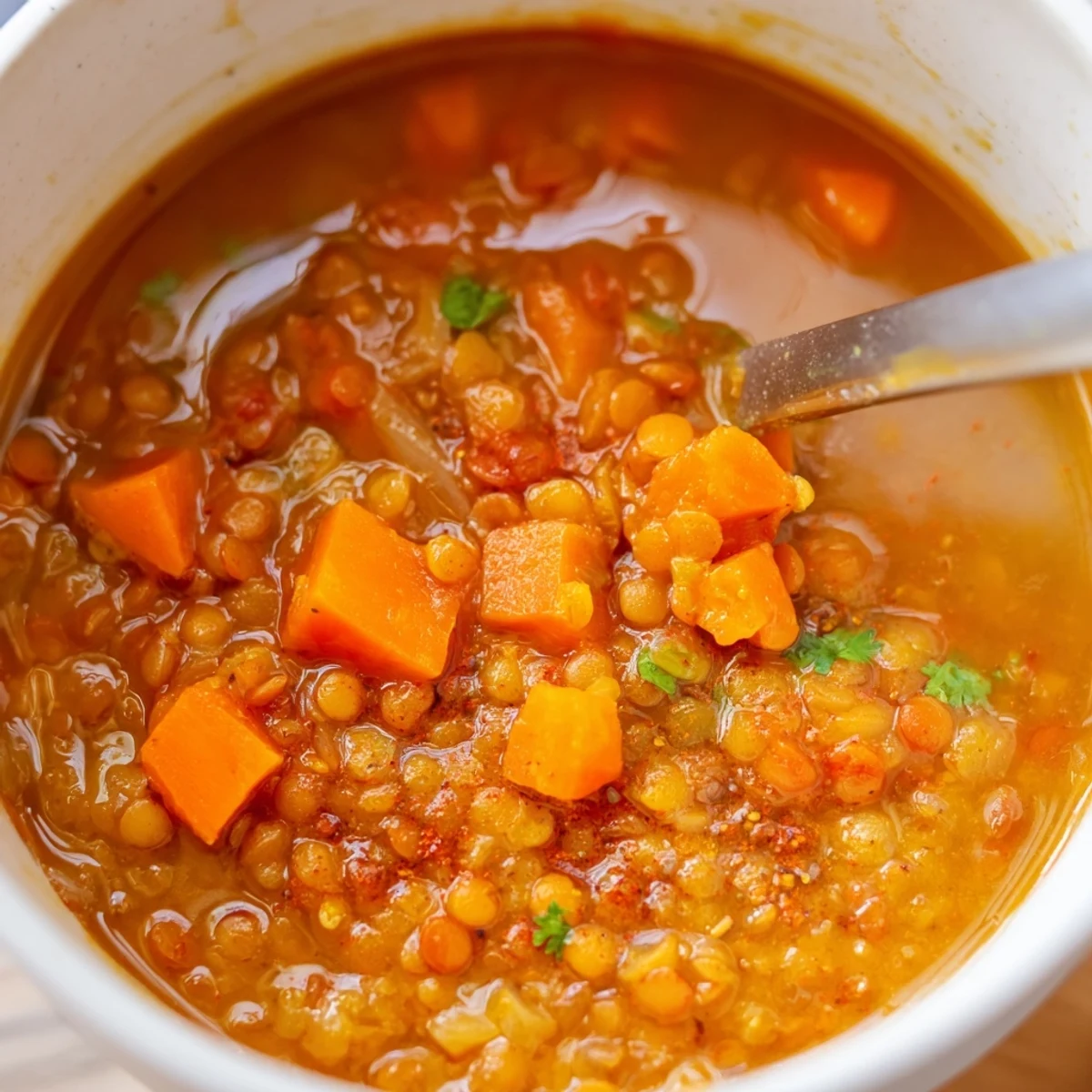Rustic pot of Spiced Tomato Coconut Lentil Hearty Soup simmering, zesty lime finish