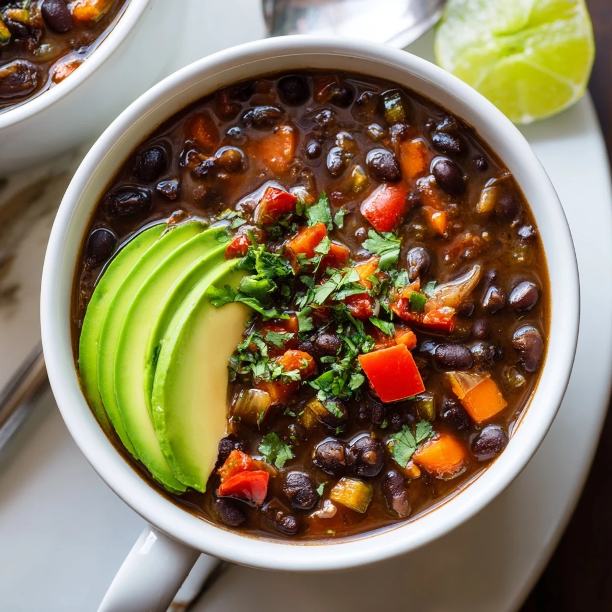 Steaming bowl of Smoky Black Bean and Roasted Pepper Hearty Soup