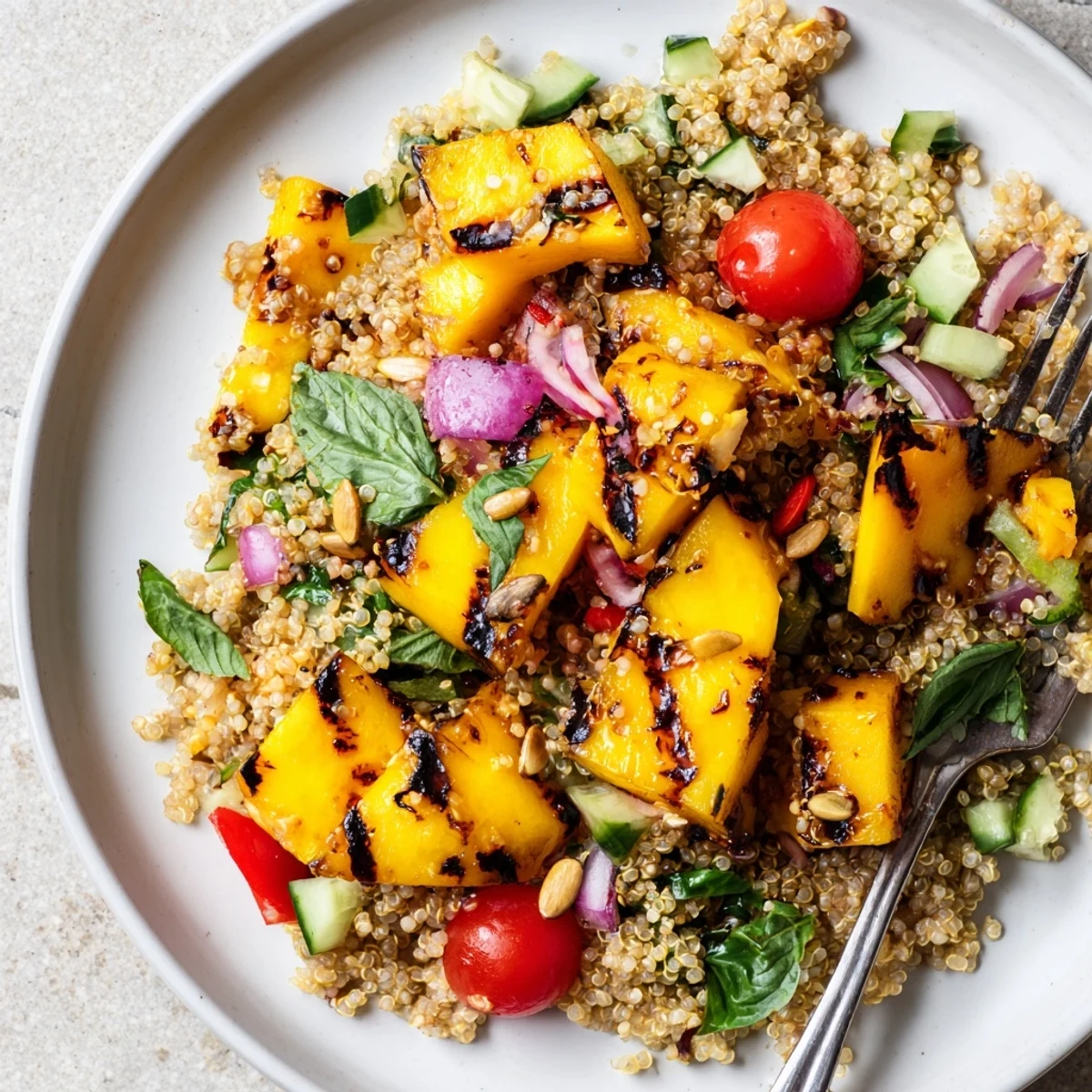 Grilled Mango Basil Quinoa Grain Salad with smoky charred mango, zesty lime.