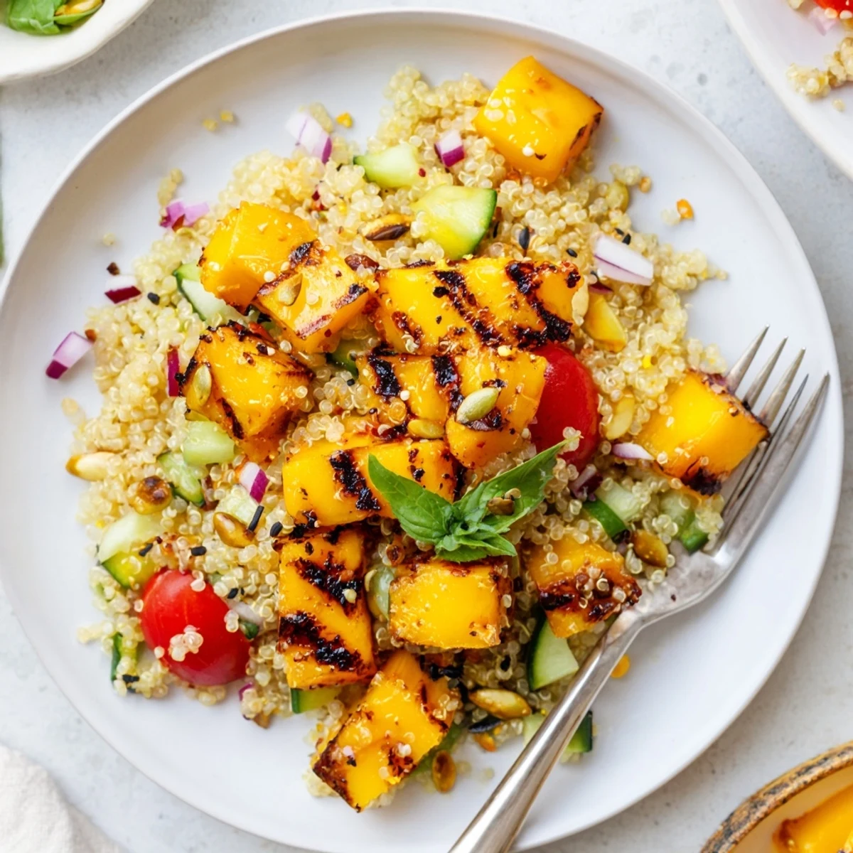 Bright Grilled Mango Basil Quinoa Grain Salad tossed with cucumber and toasted pumpkin seeds.