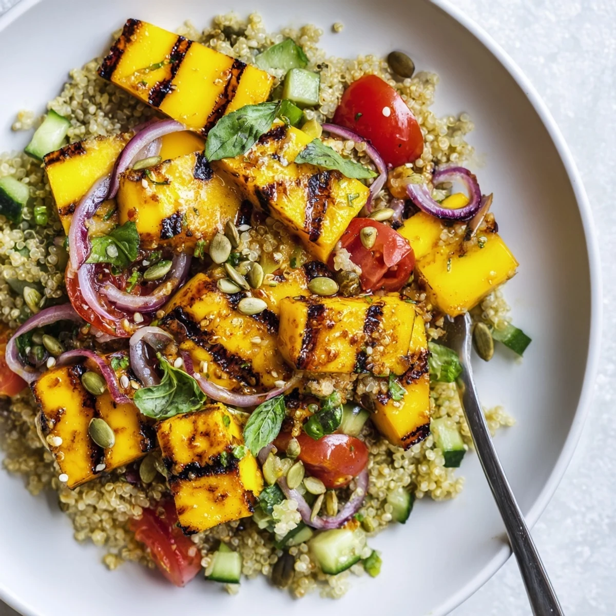 Serve Grilled Mango Basil Quinoa Grain Salad chilled, garnished with fresh basil.