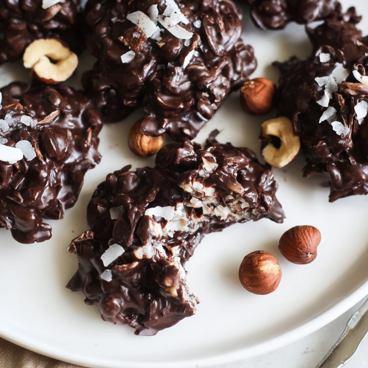 Homemade Dark Chocolate Hazelnut Coconut Clusters cooling on baking sheet, toasted coconut aroma