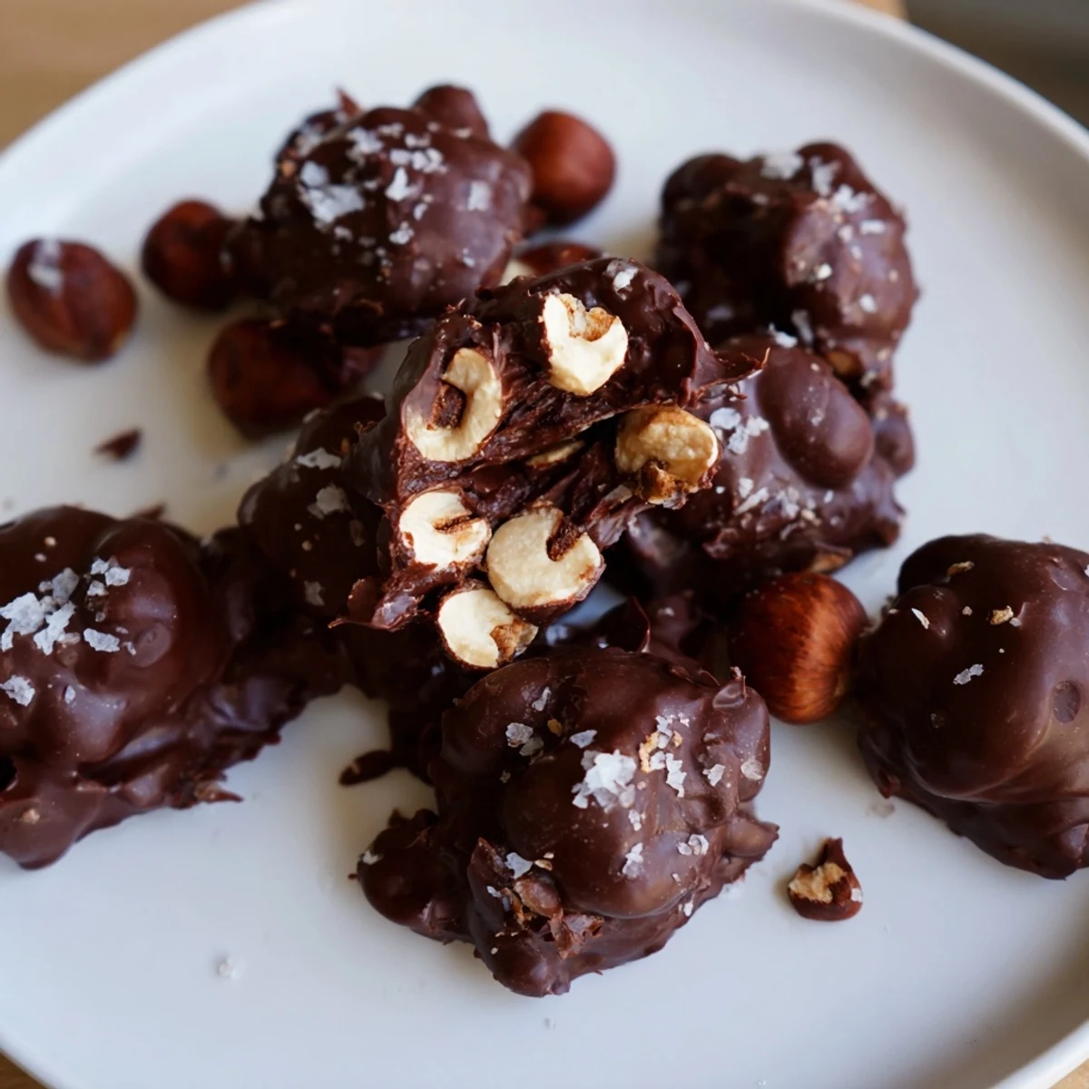 Serve Dark Chocolate Hazelnut Coconut Clusters with flaky sea salt, perfect bite