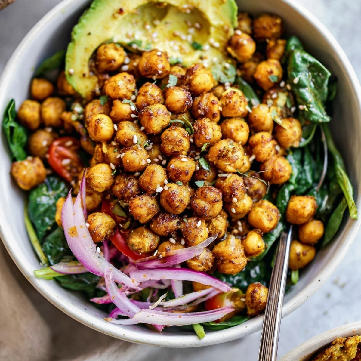 Savory Turmeric Chickpea and Spinach Breakfast Bowl with avocado, lemon drizzle