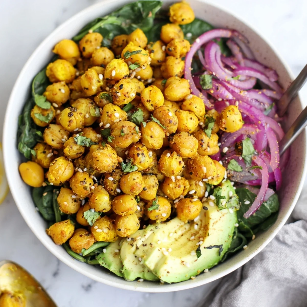 Savory Turmeric Chickpea and Spinach Breakfast Bowl served with warm toast, cilantro