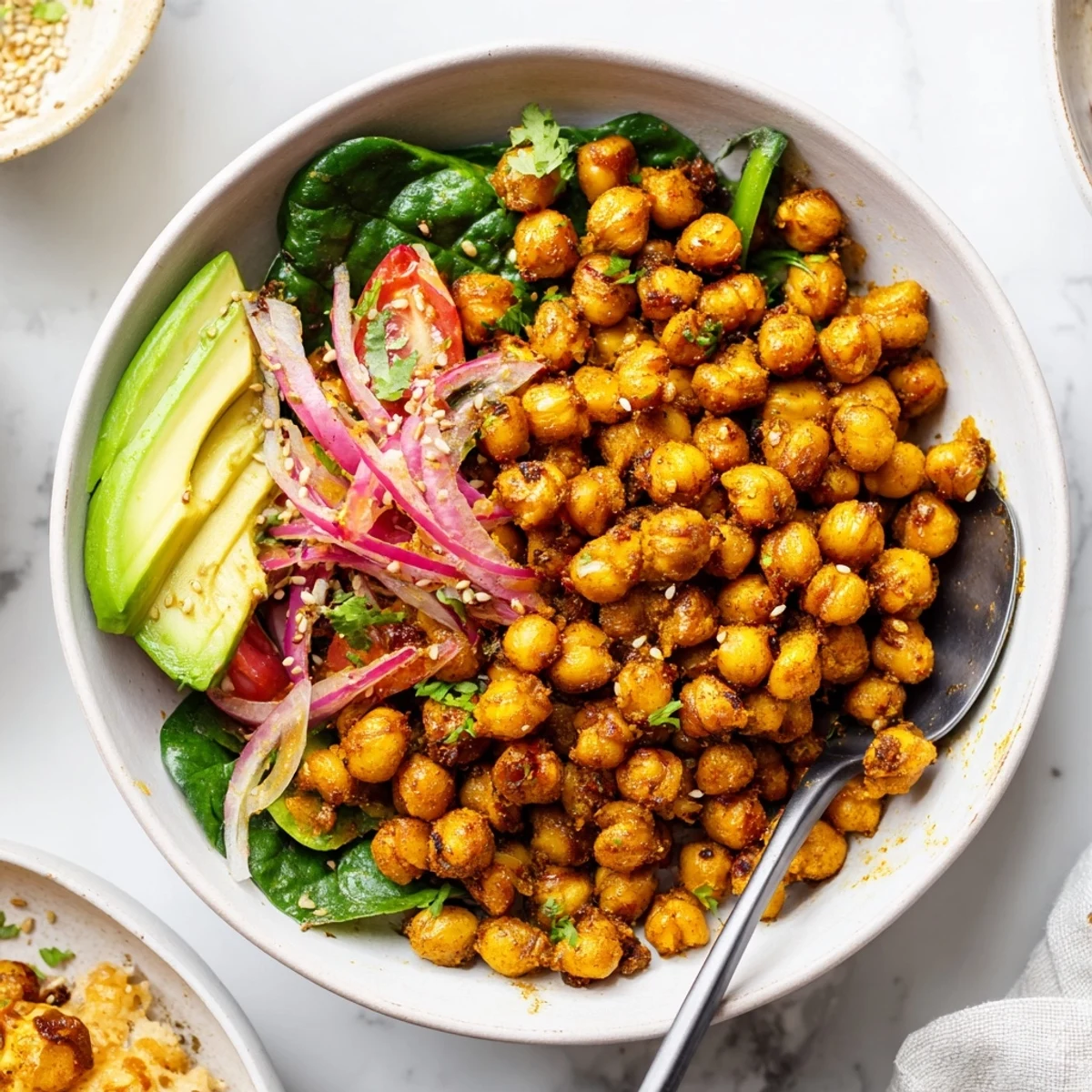 Close-up of Savory Turmeric Chickpea and Spinach Breakfast Bowl, golden crispy chickpeas