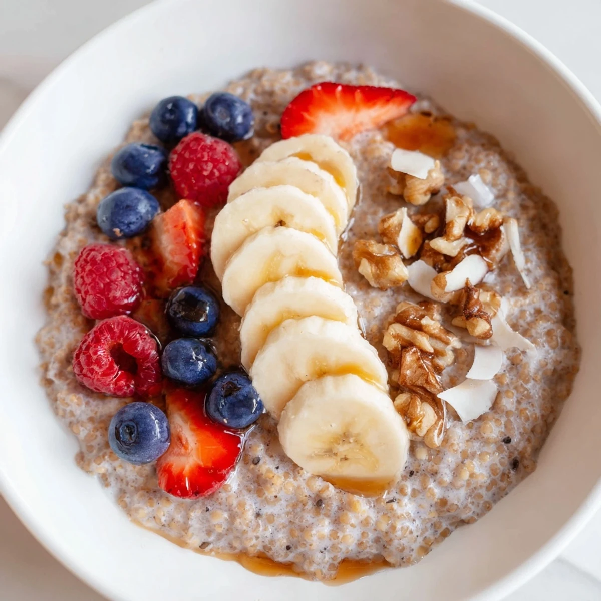 Creamy Vanilla Cardamom Buckwheat Groats Breakfast Bowl with fresh berries, maple syrup