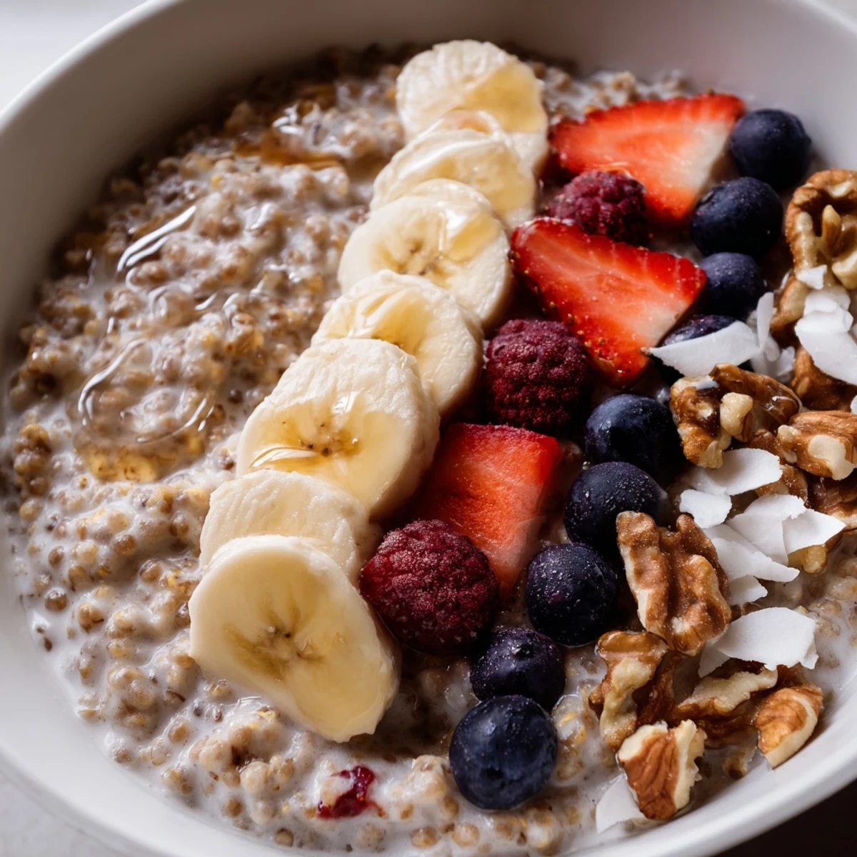 Warm Vanilla Cardamom Buckwheat Groats Breakfast Bowl with crunchy toasted nuts